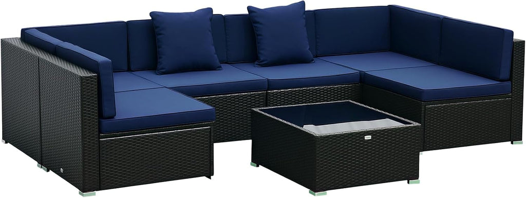 Outsunny 7-Piece Patio Furniture Sets Outdoor Wicker Conversation Sets All Weather PE Rattan Sectional Sofa Set with Cushions & Tempered Glass Desktop, Dark Blue
