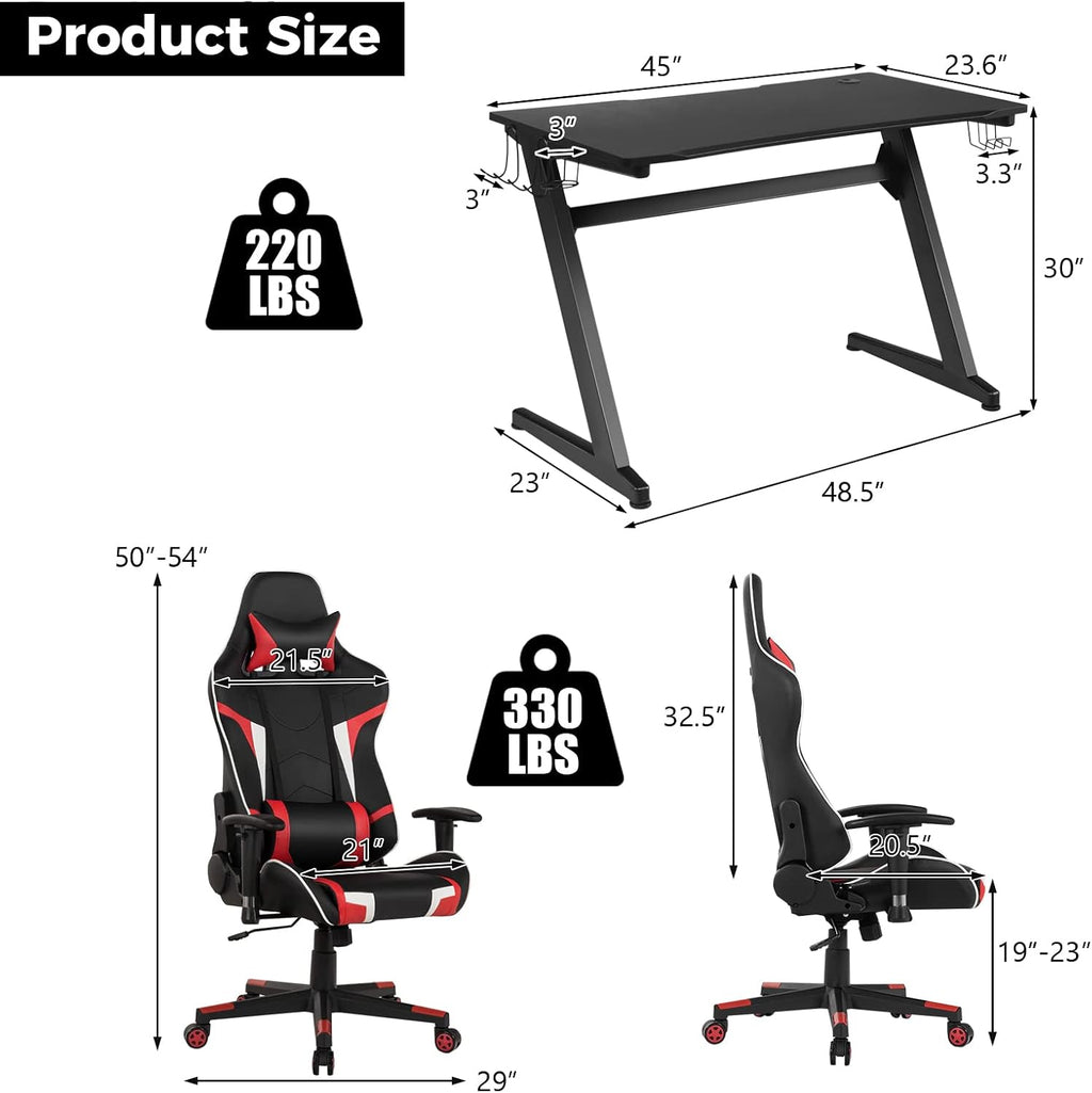 GYMAX Gaming Chair, Massage Gaming Chairs for Adults with Headrest, Lumbar Support & Armrest, Video Computer Reclining Gaming Chair, Office Desk Gamer Task Chair (Red Chair with Black Z-Shape Desk)