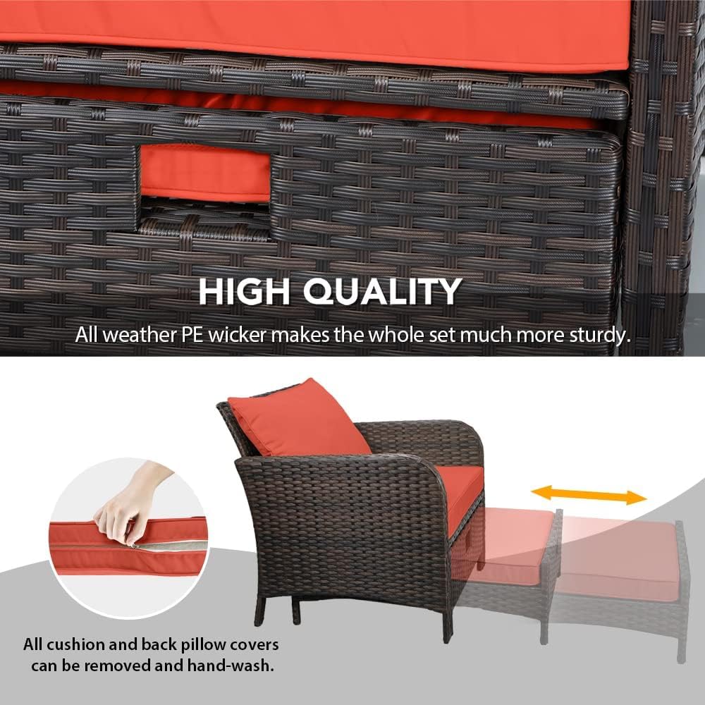 LEVELEVE Balcony Furniture 5 Piece Patio Conversation Set, PE Wicker Rattan Outdoor Lounge Chairs with Soft Cushions 2 Ottoman&Glass Table for Porch, Lawn-Brown Wicker