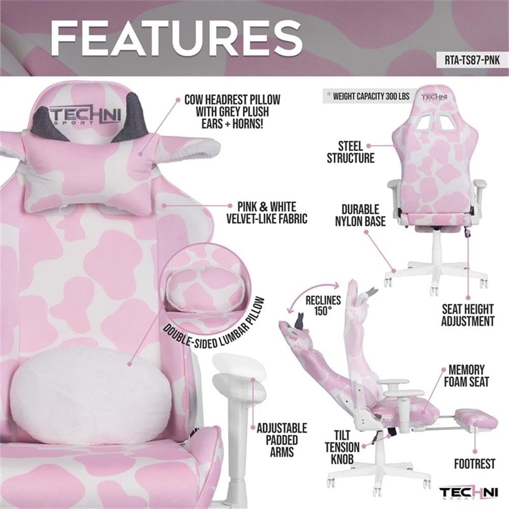 Pemberly Row Modern Gaming Chair, Pink Cow Print Velvet-Like Fabric, Memory Foam Seat, Retractable Footrest, Adjustable Armrests, Durable Steel Frame, 300 lbs Capacity, Ergonomic Design for Gaming or