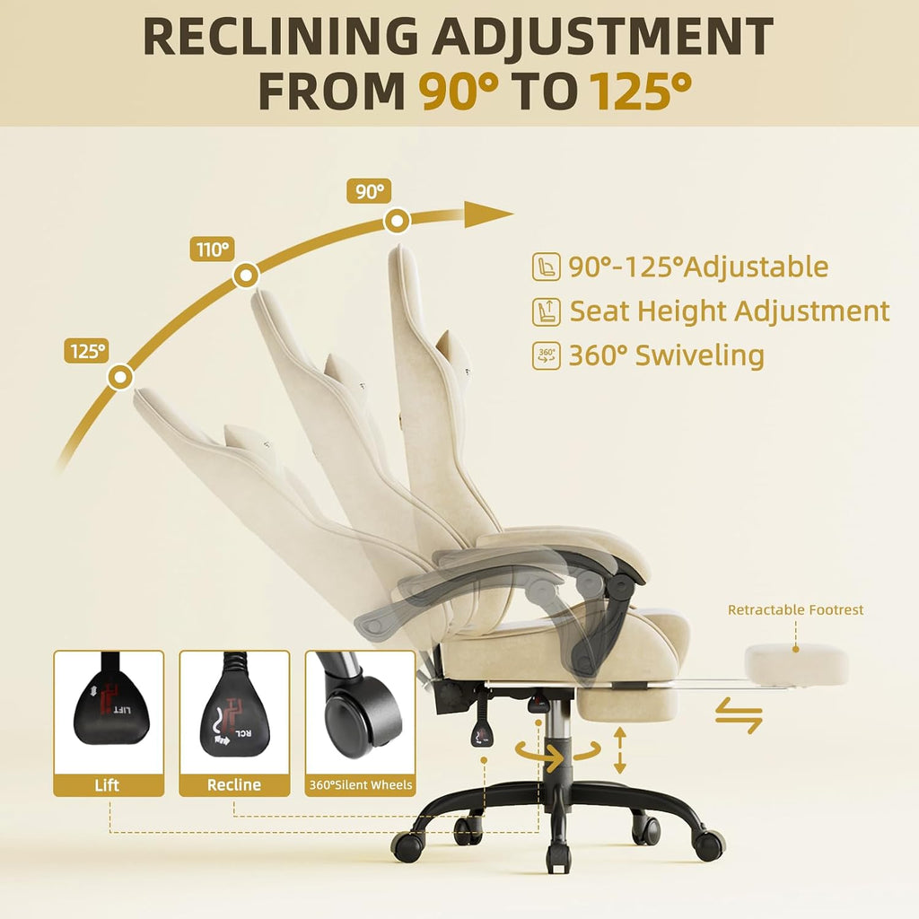 Ferghana Velvet Fabric Ergonomic Gaming Chair with Footrest and Massage, High Back Reclining Computer Gamer Chair for Adult, Racing Style PC Video Game Chair Suitable for Home Office (Beige)