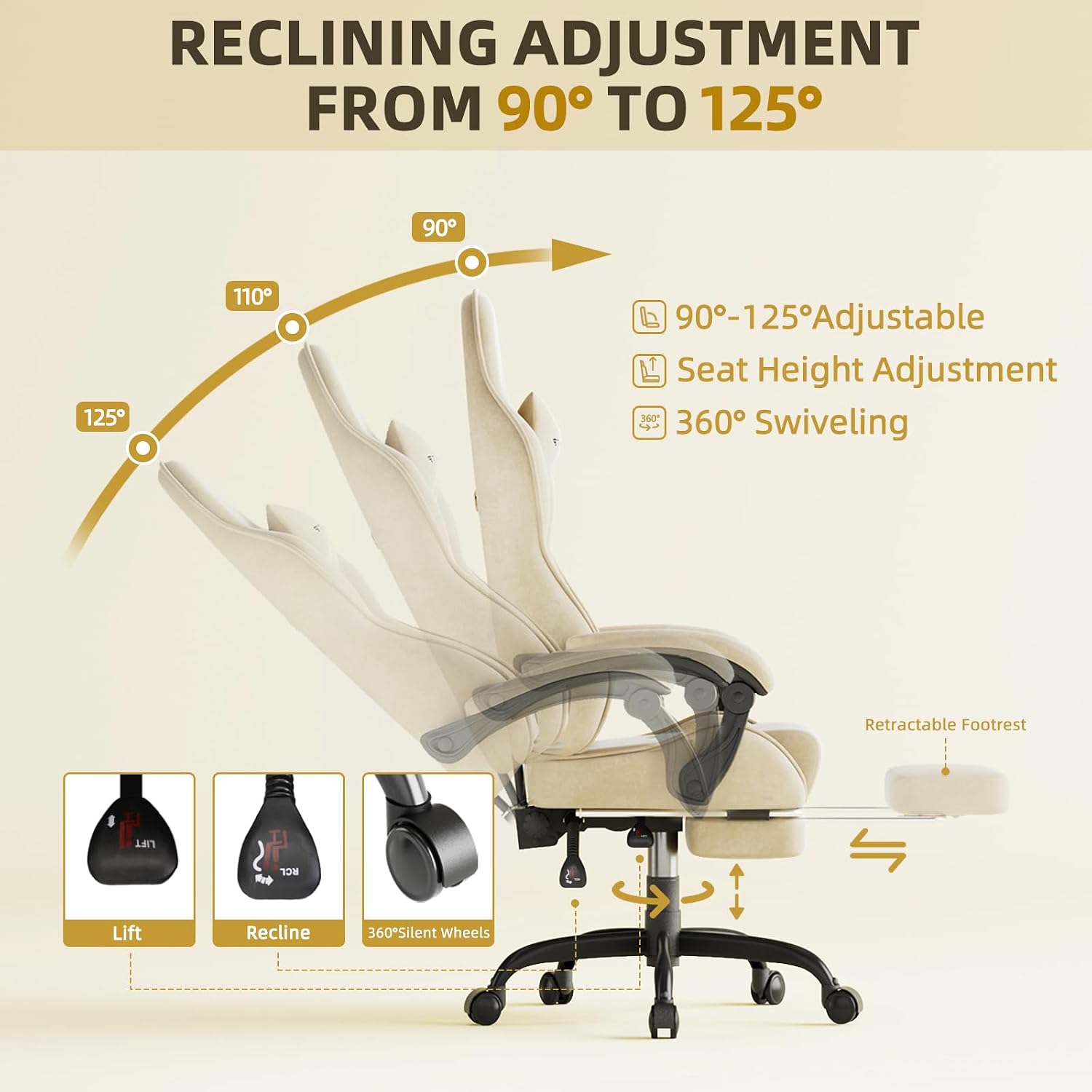Ferghana Velvet Fabric Ergonomic Gaming Chair with Footrest and Massage, High Back Reclining Computer Gamer Chair for Adult, Racing Style PC Video Game Chair Suitable for Home Office (Beige)