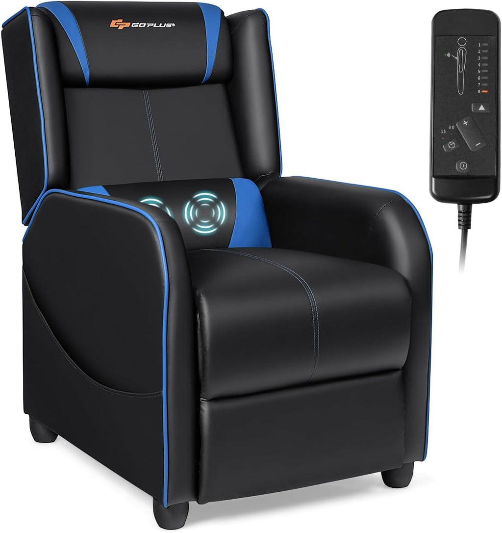 Goplus Massage Gaming Recliner Chair, Racing Style PU Leather Single Recliner Sofa with Footrest, Adjustable Modern Living Room Recliners, Ergonomic Home Theater Recliner Seat (Blue)