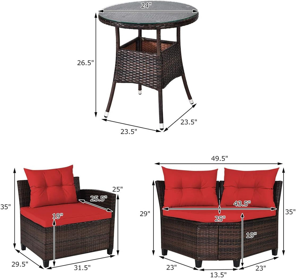 Tangkula 4-Piece C Shape Patio Furniture Set, Outdoor Corner Wicker Rattan Sectional Cushioned Sofa Set, with Glass Coffee Table, for Garden Poolside Balcony (Red)