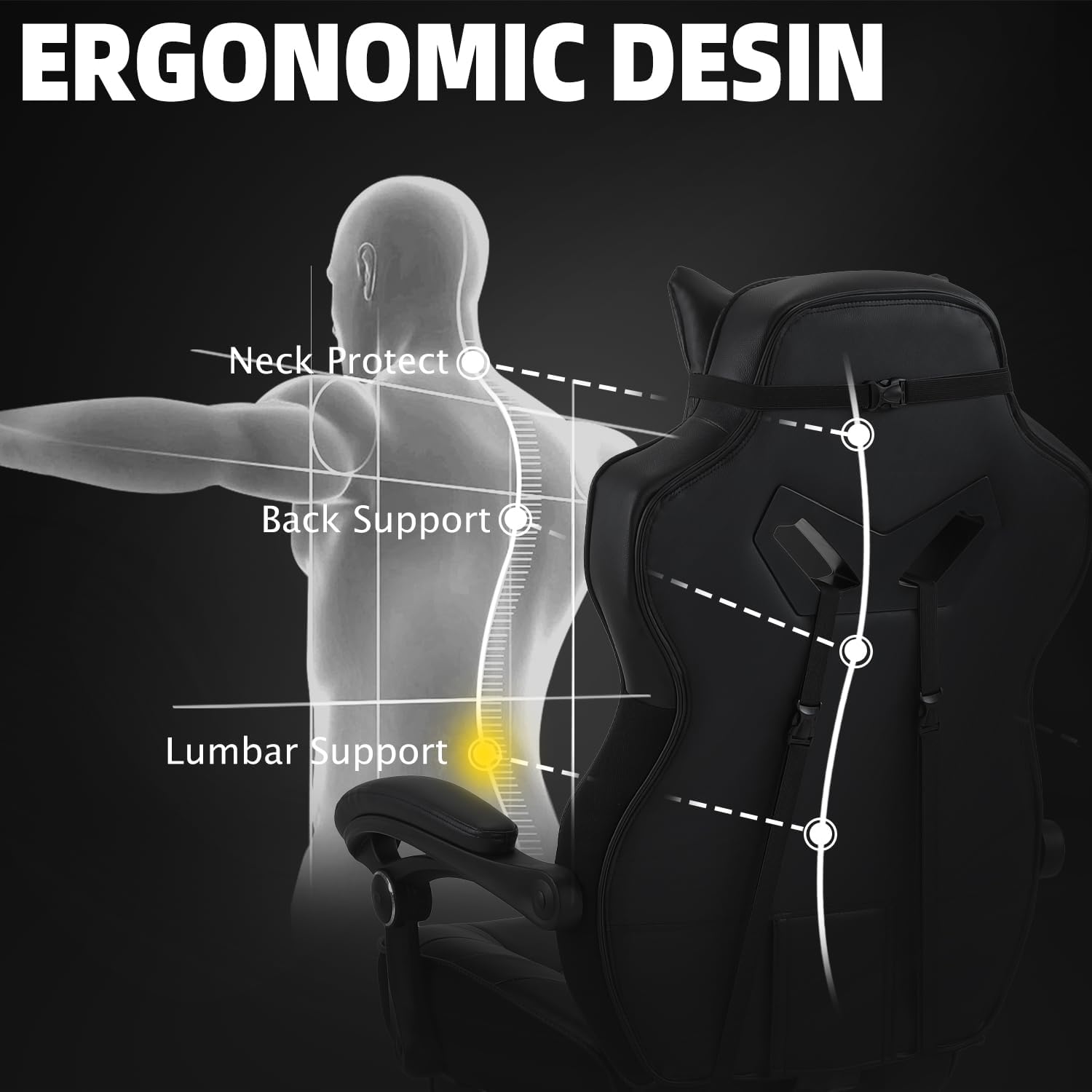 Vonesse Gaming Chair, Big and Tall Office Chair with Footrest and Massage, Gaming Chairs for Adults with Lumbar Support, Ergonomic High Back Computer Desk Chair with Pocket Spring Cushion (Black)