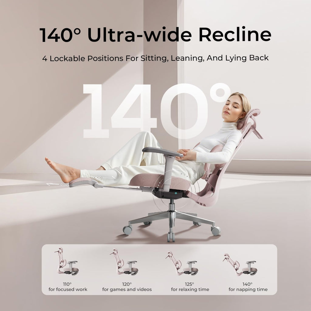 Hbada E3 Air Ergonomic Office Chair, Big and Tall Office Chair - with 3-Zone Dynamic Lumbar Support, 3D Adjustable Headrest, 4D Adjustable Armrests, Swivel, Pink(with Footrest)