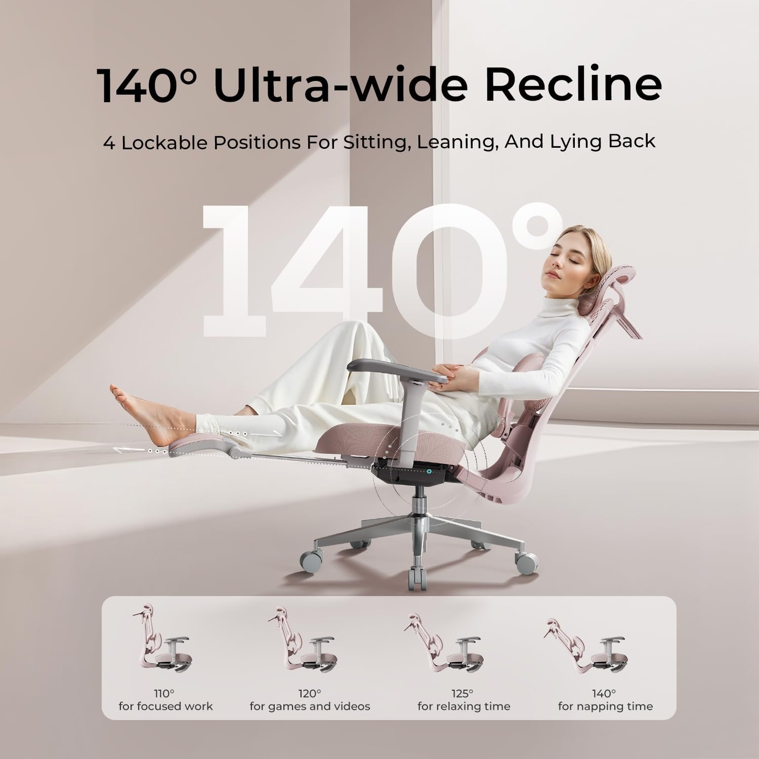 Hbada E3 Air Ergonomic Office Chair, Big and Tall Office Chair - with 3-Zone Dynamic Lumbar Support, 3D Adjustable Headrest, 4D Adjustable Armrests, Swivel, Pink(with Footrest)