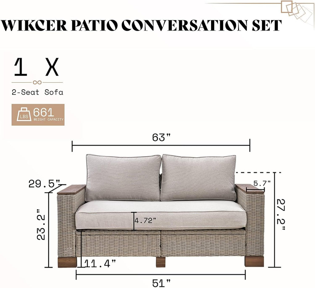 PaPaJet Outdoor Loveseat Patio Sofa, Wicker Couch with Solid Armrests & Legs, 4.7' Thick Cushion, UV-Resistant Modular Sofa for Porch, Backyard, Garden