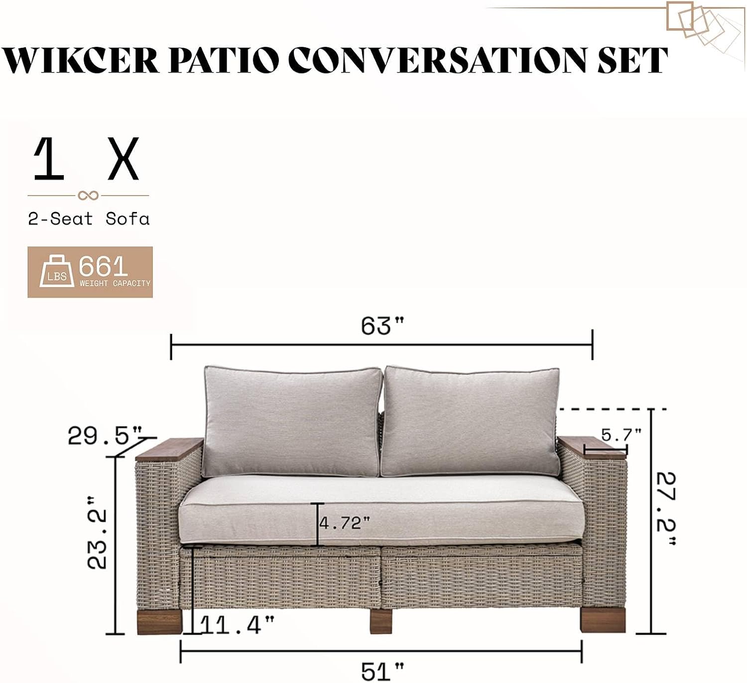 PaPaJet Outdoor Loveseat Patio Sofa, Wicker Couch with Solid Armrests & Legs, 4.7' Thick Cushion, UV-Resistant Modular Sofa for Porch, Backyard, Garden