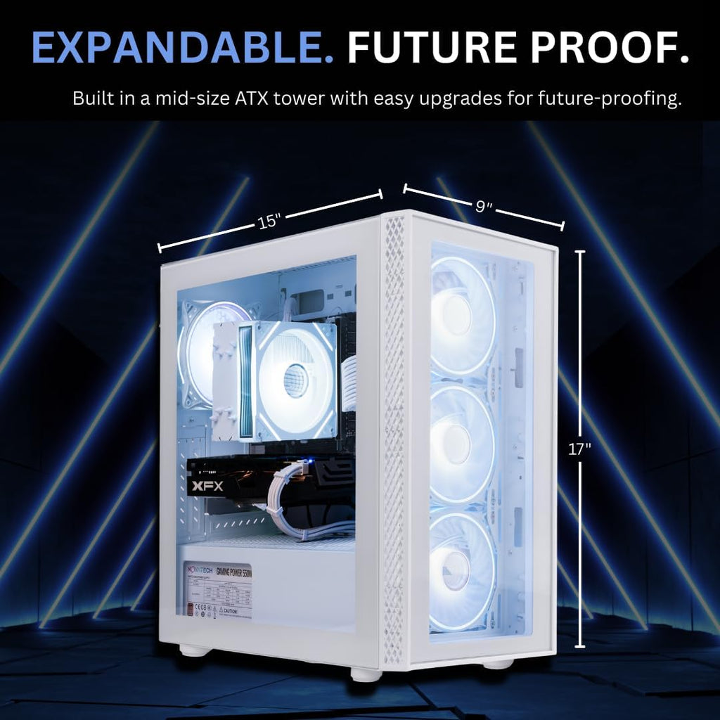 NOVATECH Phantom - Prebuilt Gaming PC Desktop Computer - Core Xeon i7 3.5GHz - RX580-16GB RAM - 512GB M.2 SSD WiFi/BT, Win 11 - Gaming Computer Tower - Pre Built PC Gaming - 1 Year Warranty (White)