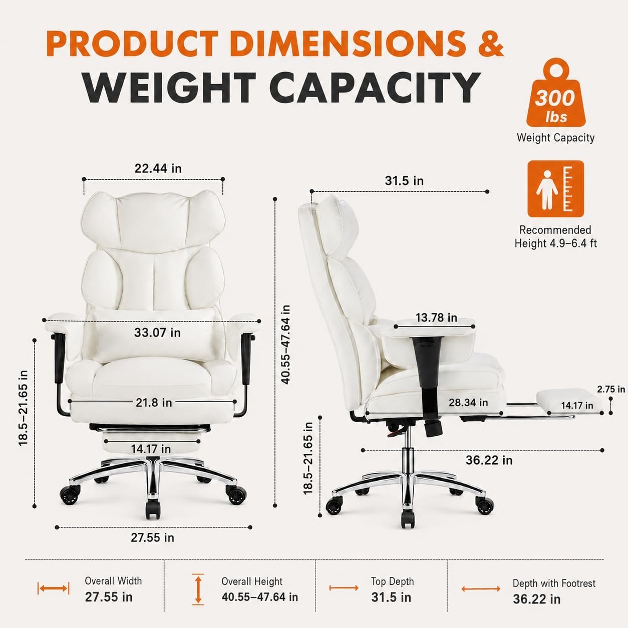 Big and Tall Ergonomic Office Chair with Footrest, Executive High Back PU Leather Desk Chair, Reclining Computer Chair with Adjustable Lumbar Support and Armrests, Swivel Rolling Gaming Chair, Beige