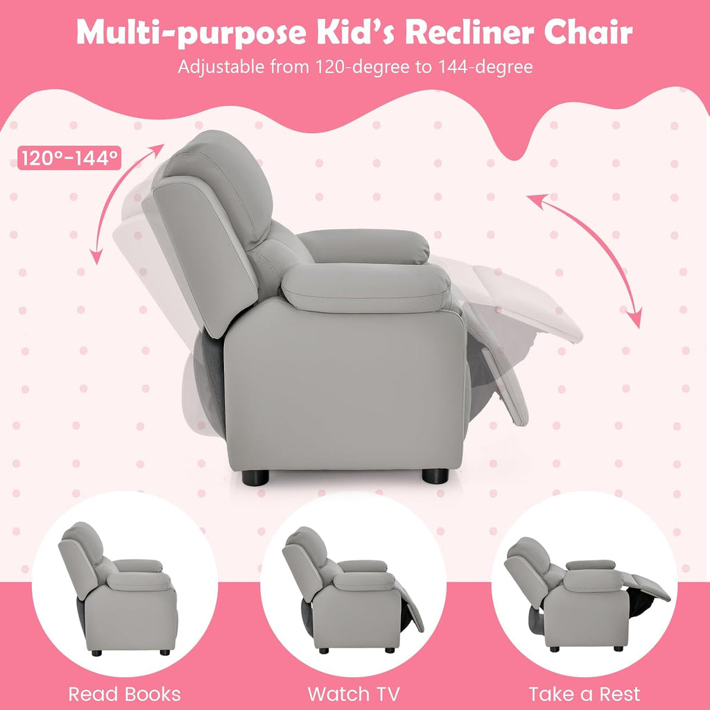 Costzon Kids Recliner, Leather Recliner Chair w/Footrest, Armrest Storage, Headrest & Lumbar Support, Ergonomic Lounge Chair for Living & Gaming Room, Adjustable Recliner Sofa for Boys Girls (Gray)