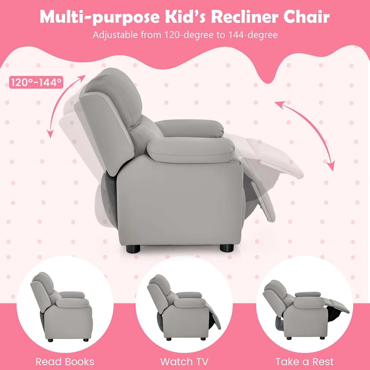 Costzon Kids Recliner, Leather Recliner Chair w/Footrest, Armrest Storage, Headrest & Lumbar Support, Ergonomic Lounge Chair for Living & Gaming Room, Adjustable Recliner Sofa for Boys Girls (Gray)