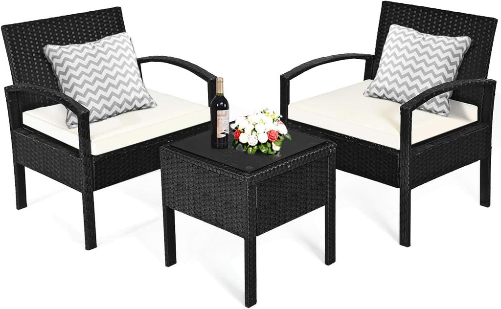 Tangkula 3 Piece Patio Conversation Set, Outdoor Rattan Sofa Set with White Seat Cushions & Coffee Table, Patio Wicker Furniture Set for Garden Balcony Backyard Poolside (Black)