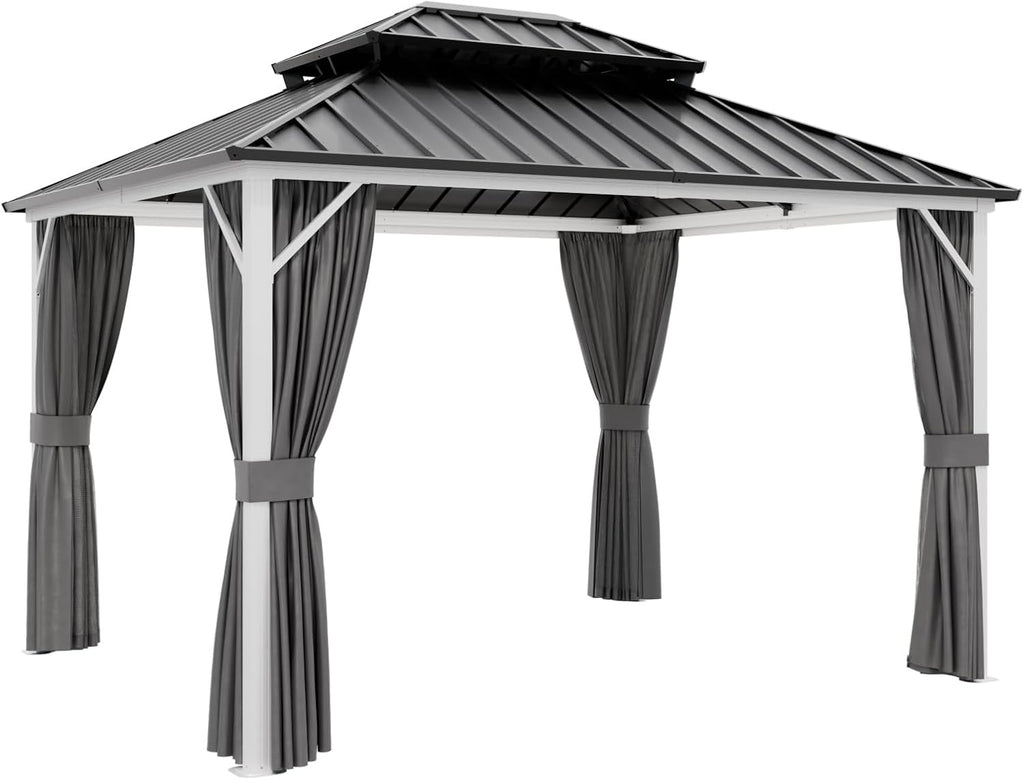 EAGLE PEAK 12x10 Hardtop Gazebo, Galvanized Steel Double Roof with Aluminum Frame, Outdoor Pavilion with Netting and Curtains for Patio, Deck, Lawn and Garden, White/Gray