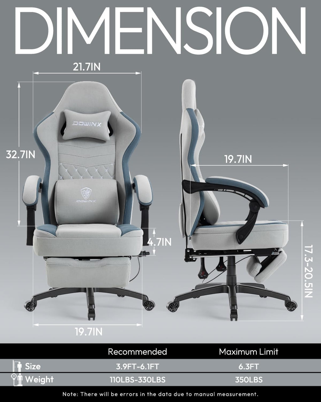 Dowinx Gaming Chair Breathable Fabric Game Chair with Gel Pad and Storage Bag, Comfortable Gamer Chair with Pocket Spring Cushion, Ergonomic Computer Chair with Footrest, Grey and Blue