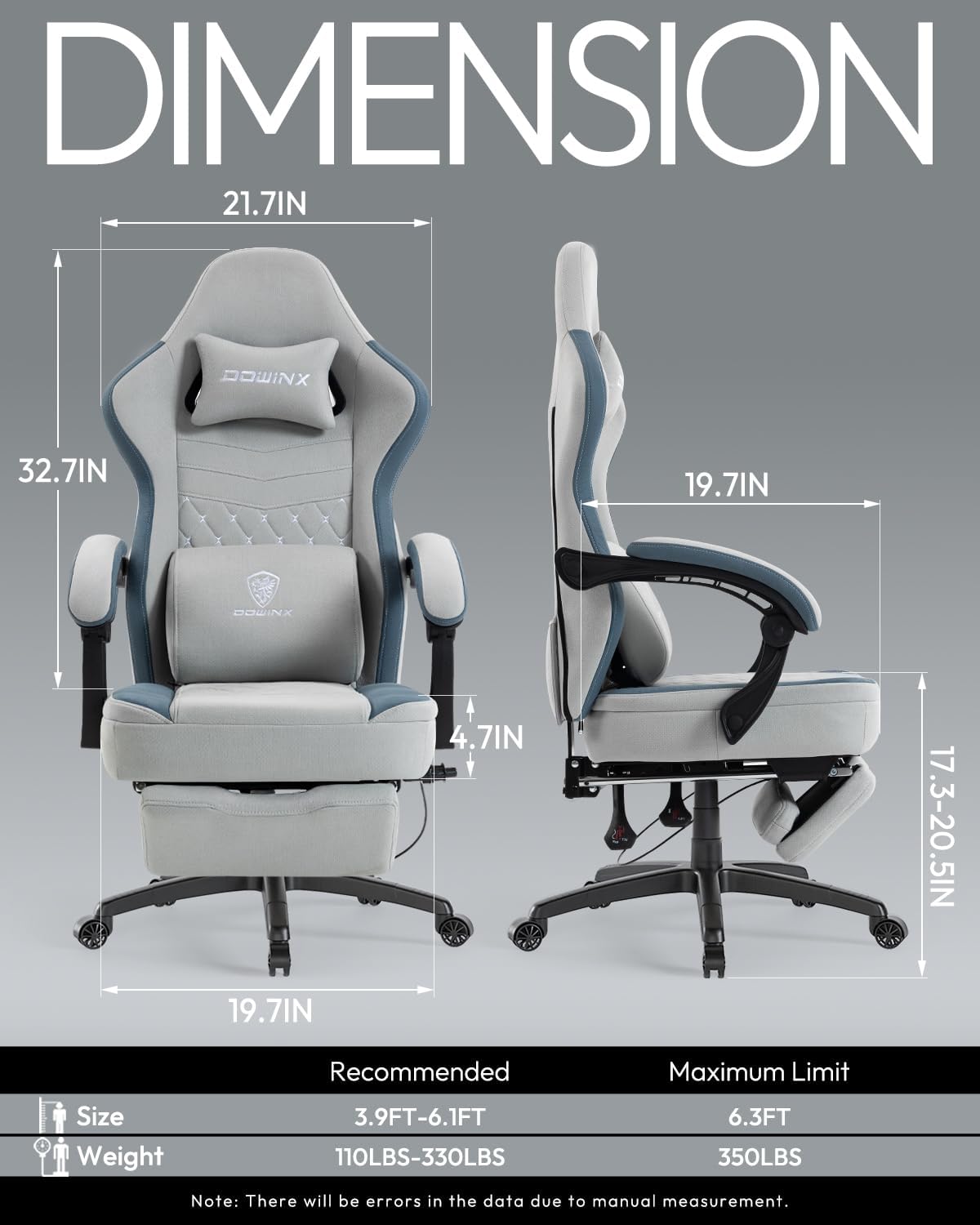 Dowinx Gaming Chair Breathable Fabric Game Chair with Gel Pad and Storage Bag, Comfortable Gamer Chair with Pocket Spring Cushion, Ergonomic Computer Chair with Footrest, Grey and Blue