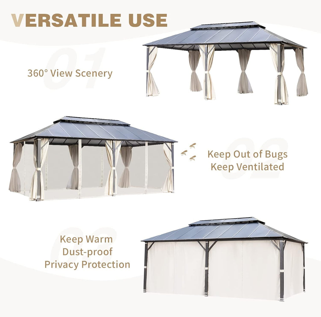 YOLENY 12' X 20' Hardtop Gazebo, Aluminum Composite Ventilation Double Roof Permanent Outdoor Pavilion Pergola Party Tent for Patio, Lawn, Garden, Poolside, Curtains and Netting Included.