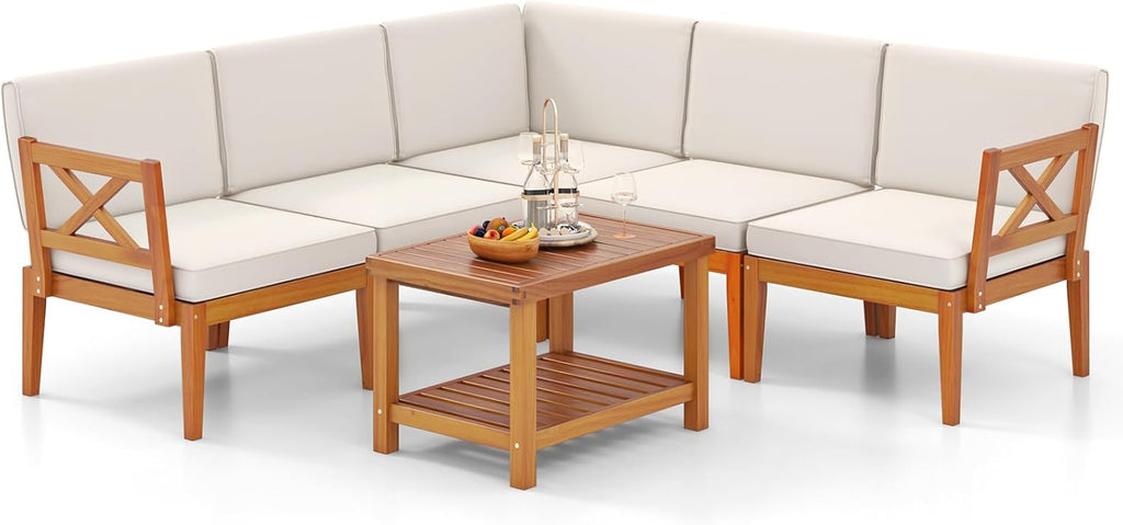 Tangkula 6 Pieces Acacia Wood Patio Furniture Set, Outdoor Sectional Conversation Set with Cushions and 2-Tier Coffee Table, L Shaped Corner Sofa Set for Garden, Porch, Poolside and Backyard