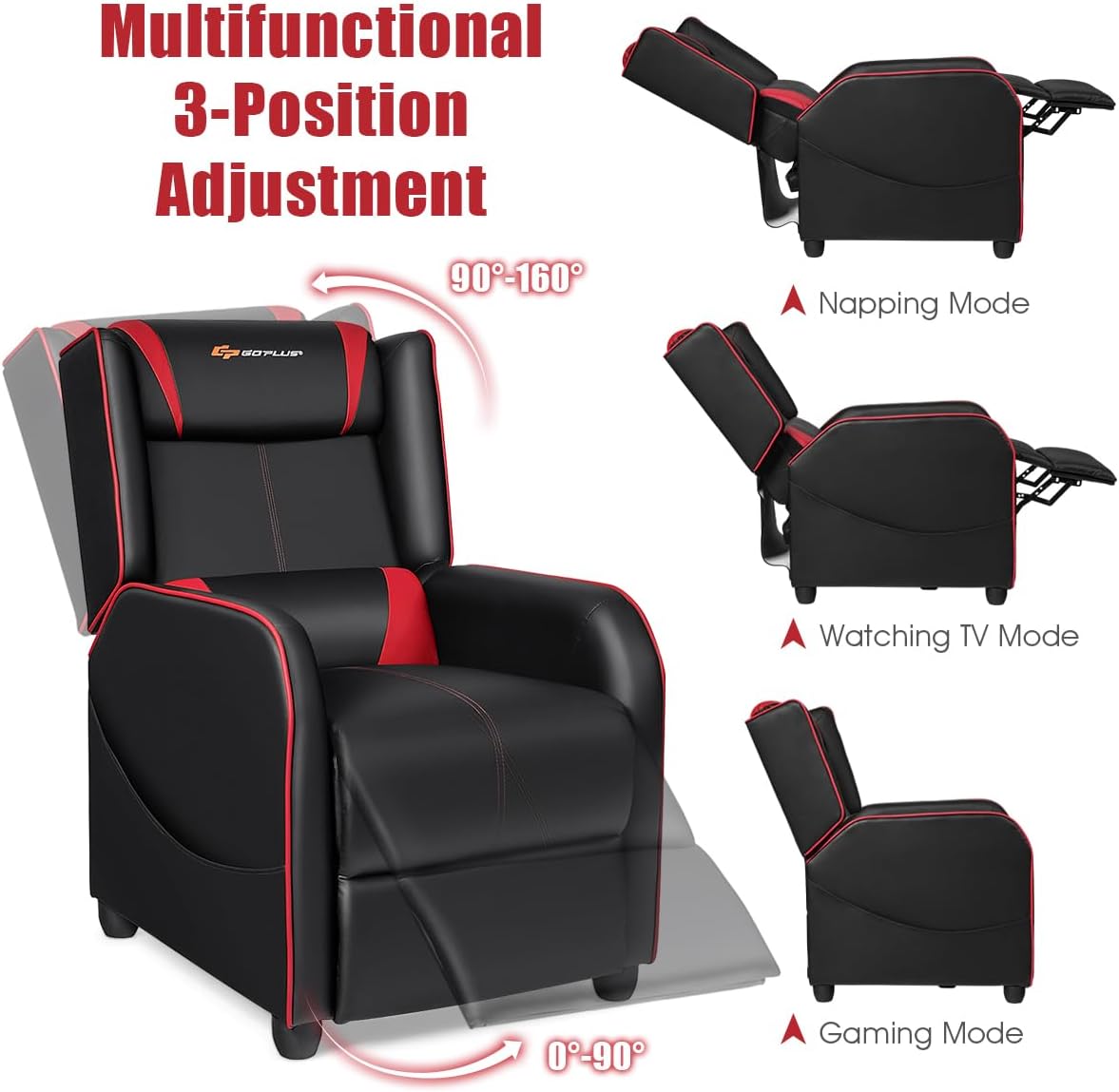 Goplus Massage Gaming Recliner Chair, Racing Style PU Leather Single Recliner Sofa with Footrest, Adjustable Modern Living Room Recliners, Ergonomic Home Theater Recliner Seat (Red)