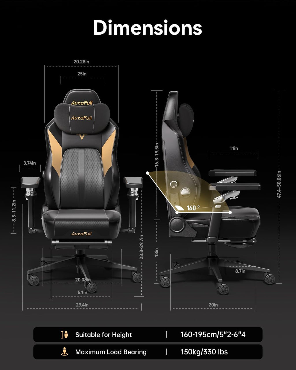 AutoFull M6 Gaming Chair, Ventilated and Heated Seat Gaming Chair with 360° Adjustable Armrest, AUTO Dynamic Tracking Lumbar Support Ergonomic Office Chair with Footrest, Black
