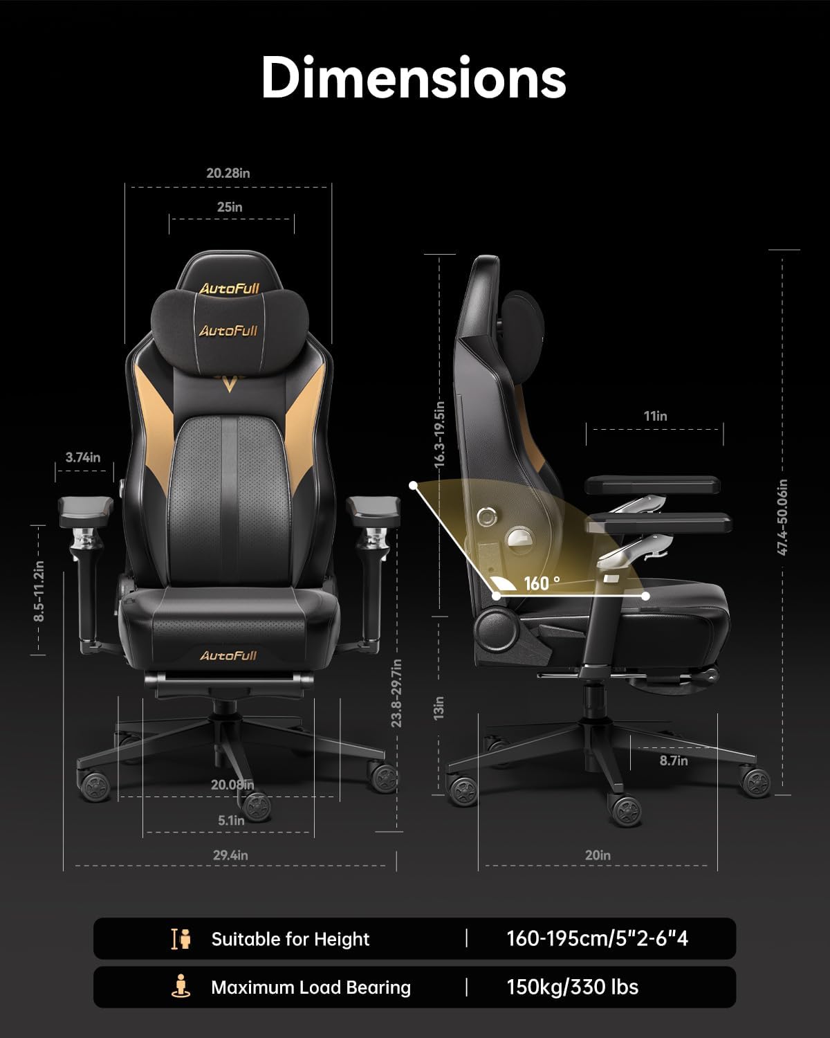 AutoFull M6 Gaming Chair, Ventilated and Heated Seat Gaming Chair with 360° Adjustable Armrest, AUTO Dynamic Tracking Lumbar Support Ergonomic Office Chair with Footrest, Black