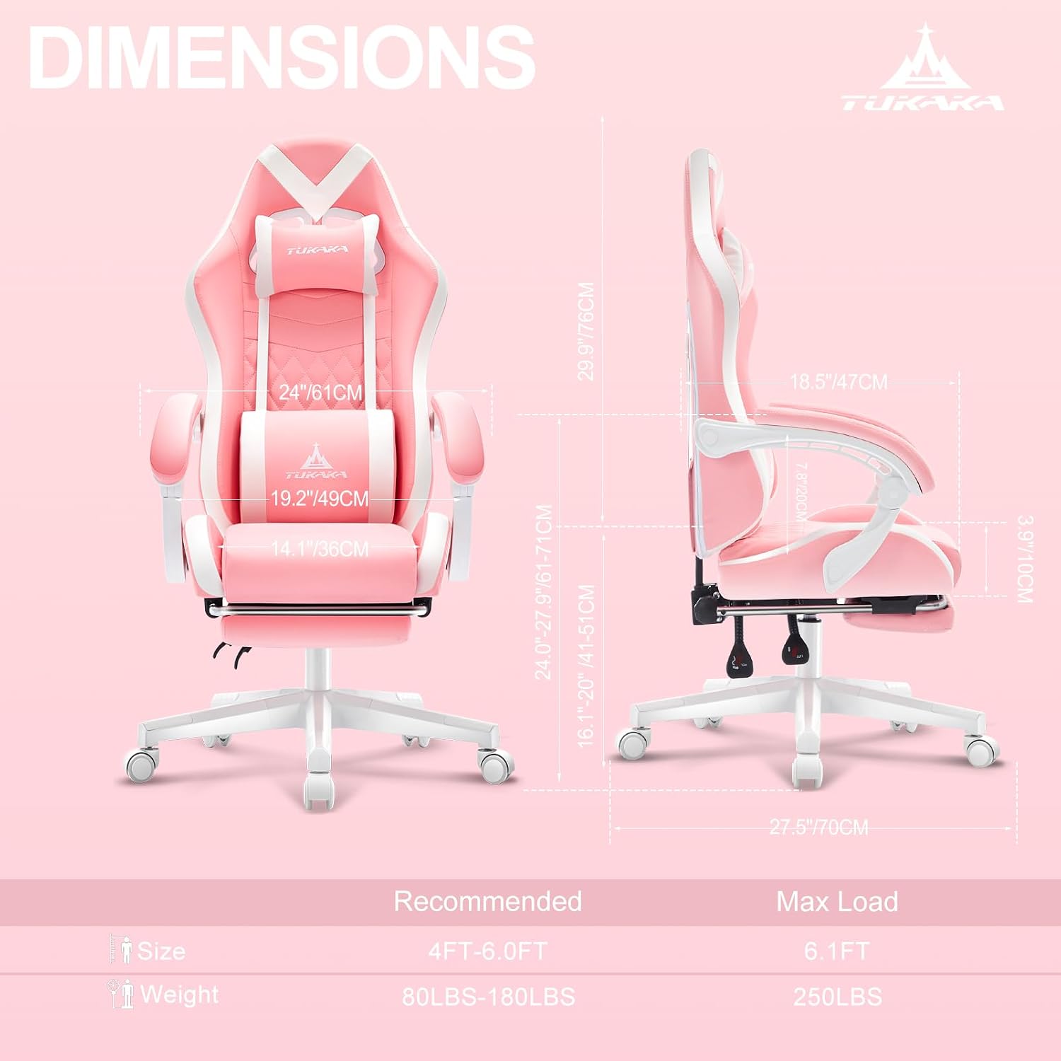 Pink Gaming Chair,Ergonomic Massage Computer Office Desk Chai r with Footrest,Pocket Spring Cushion,Reclining Leather Adjustable Gamer Chair with Headrest and Lumbar Support,Pink