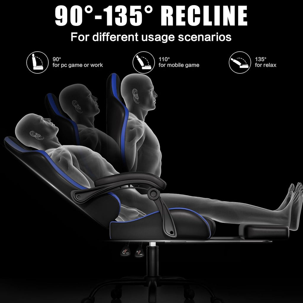 Czlolo Gaming Chair, Ergonomic Office Computer Chair with Footrest and Lumbar Support Massager Racing Style High Back Video Gamer Chair, Wide＆Thick Cushion, 90°-135° Recline, Adjustable Height, Blue