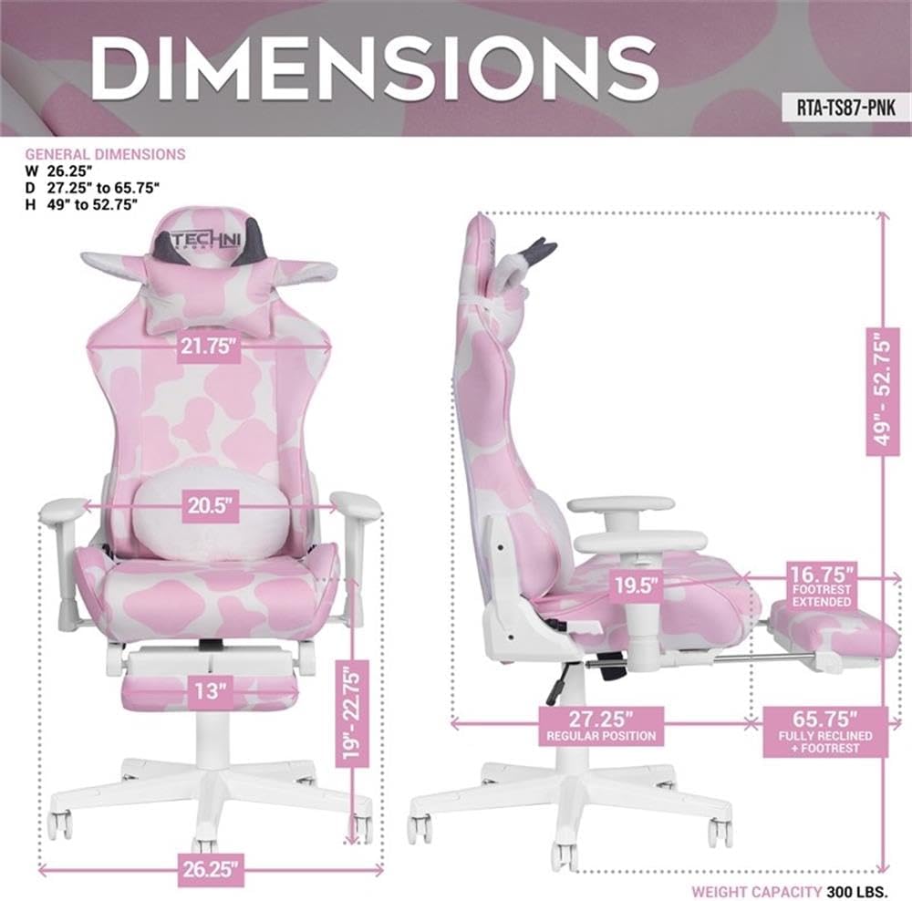Pemberly Row Modern Gaming Chair, Pink Cow Print Velvet-Like Fabric, Memory Foam Seat, Retractable Footrest, Adjustable Armrests, Durable Steel Frame, 300 lbs Capacity, Ergonomic Design for Gaming or