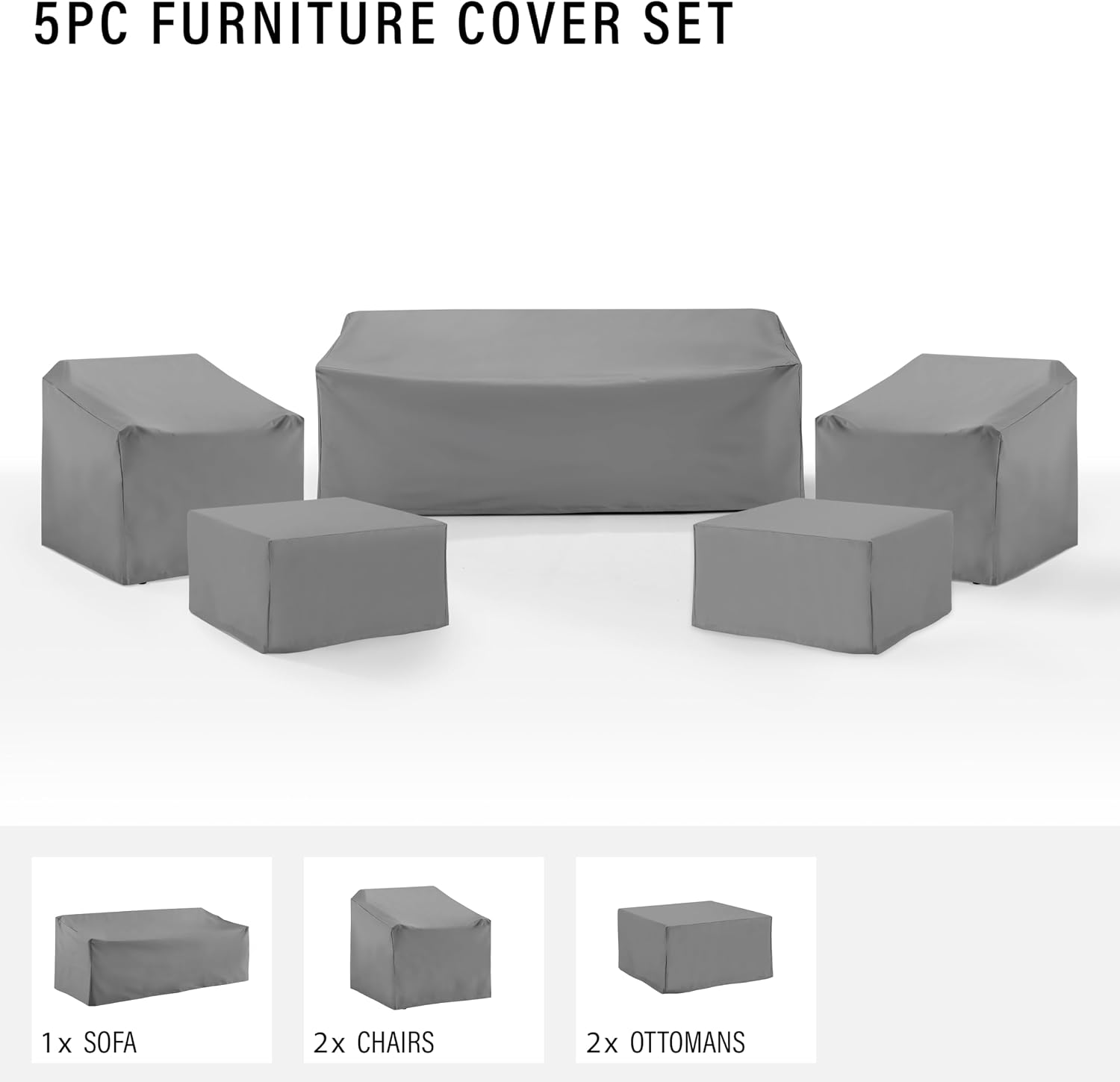 Crosley Furniture Patio Furniture Covers, Waterproof 5-Piece Cover Set for Outdoor Chairs, Sofa, Ottomans, Gray