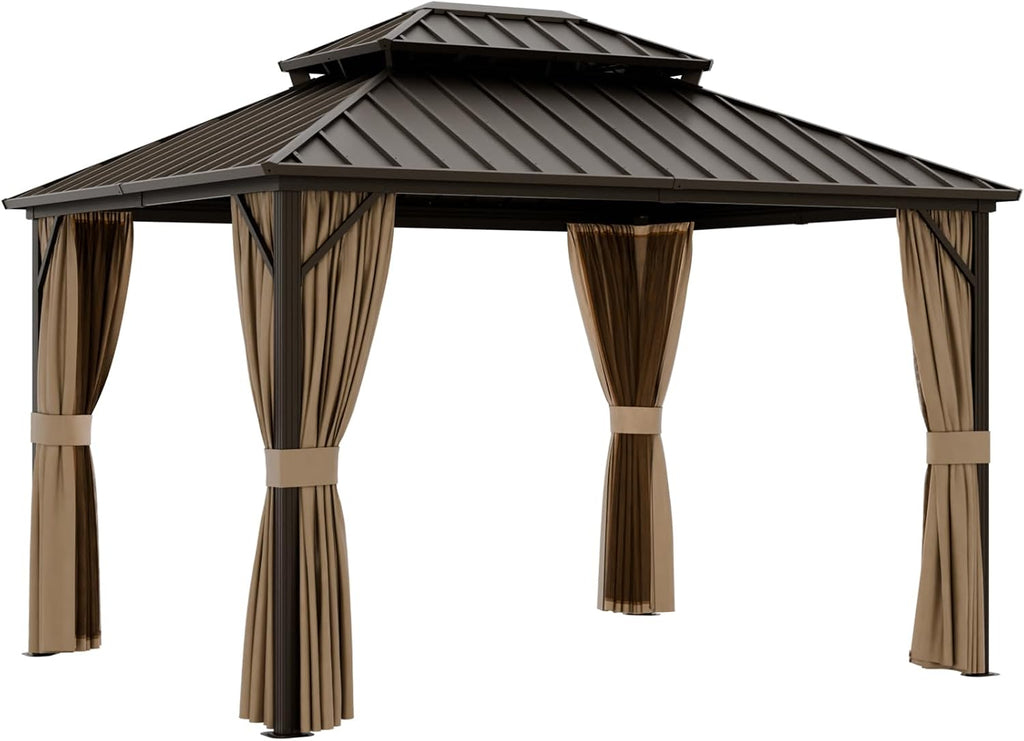 EAGLE PEAK 12x10 Hardtop Gazebo, Galvanized Steel Double Roof with Aluminum Frame, Outdoor Pavilion with Netting and Curtains for Patio, Deck, Lawn and Garden, Dark Brown/Tan