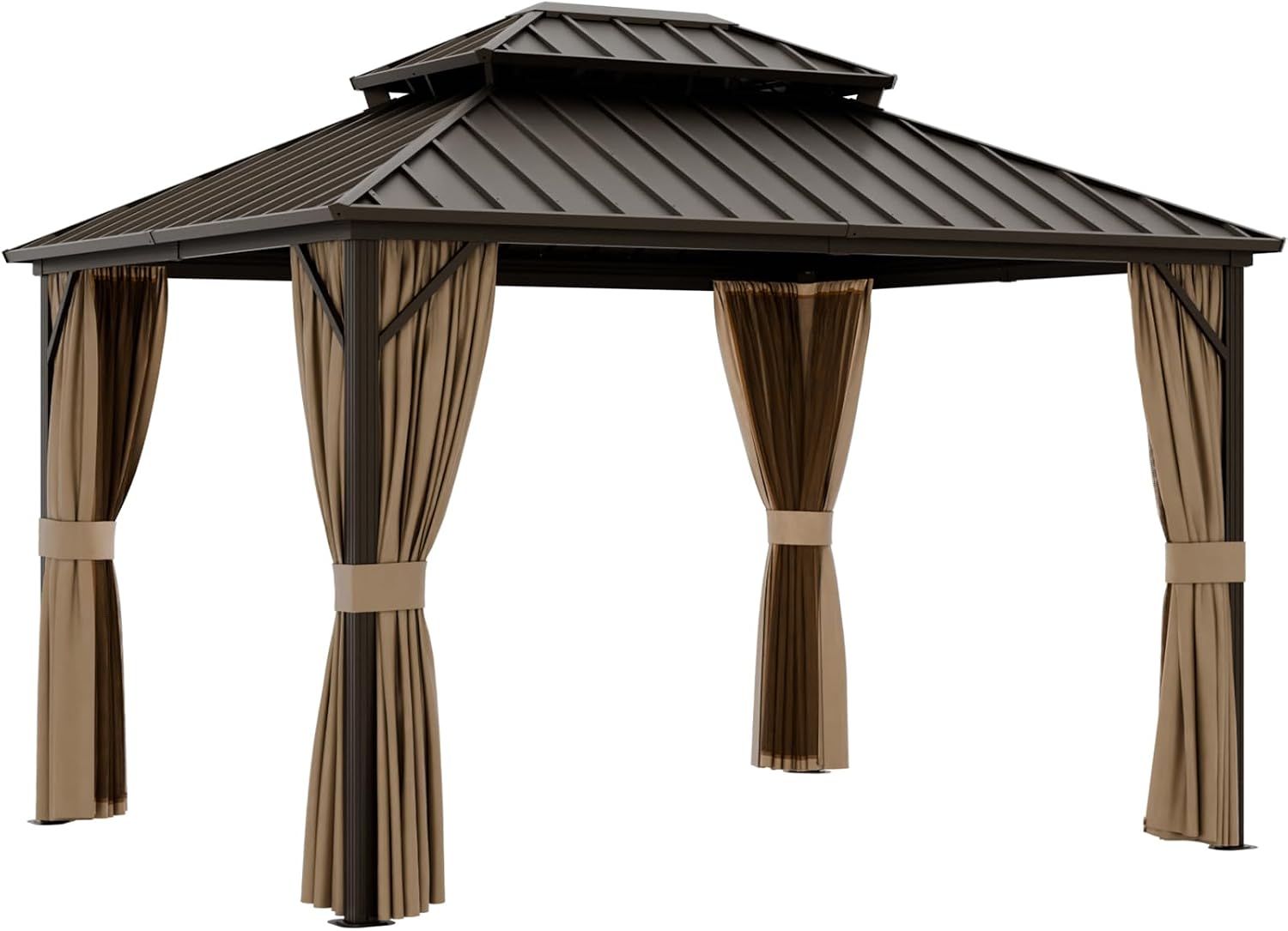 EAGLE PEAK 12x10 Hardtop Gazebo, Galvanized Steel Double Roof with Aluminum Frame, Outdoor Pavilion with Netting and Curtains for Patio, Deck, Lawn and Garden, Dark Brown/Tan