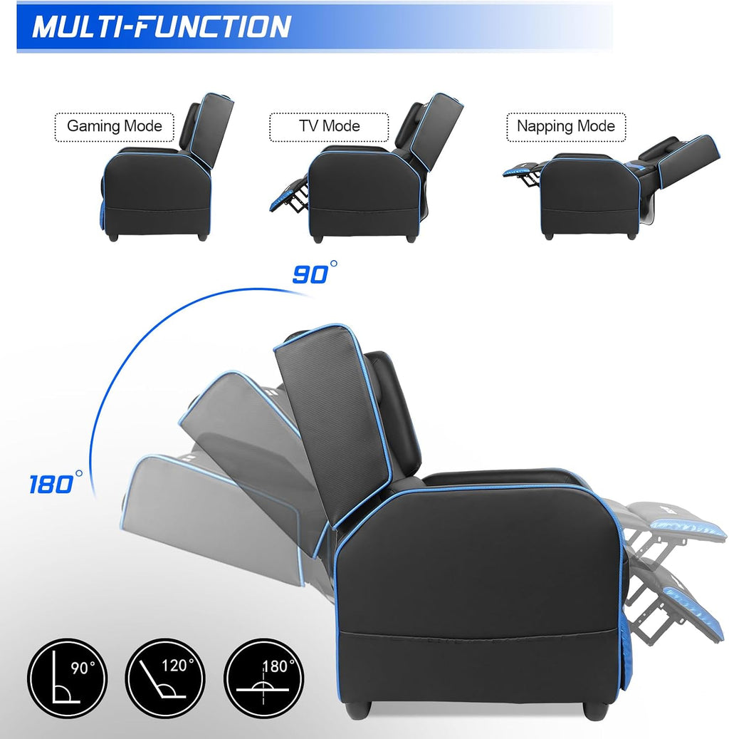 BOSSIN Gaming Recliner Chair for Adults 400lbs Racing Style Sofa Big and Tall PU Leather Recliner Seating, Modern Ergonomic Lounge Comfortable Home Movie Theater for Living Room(Blue)
