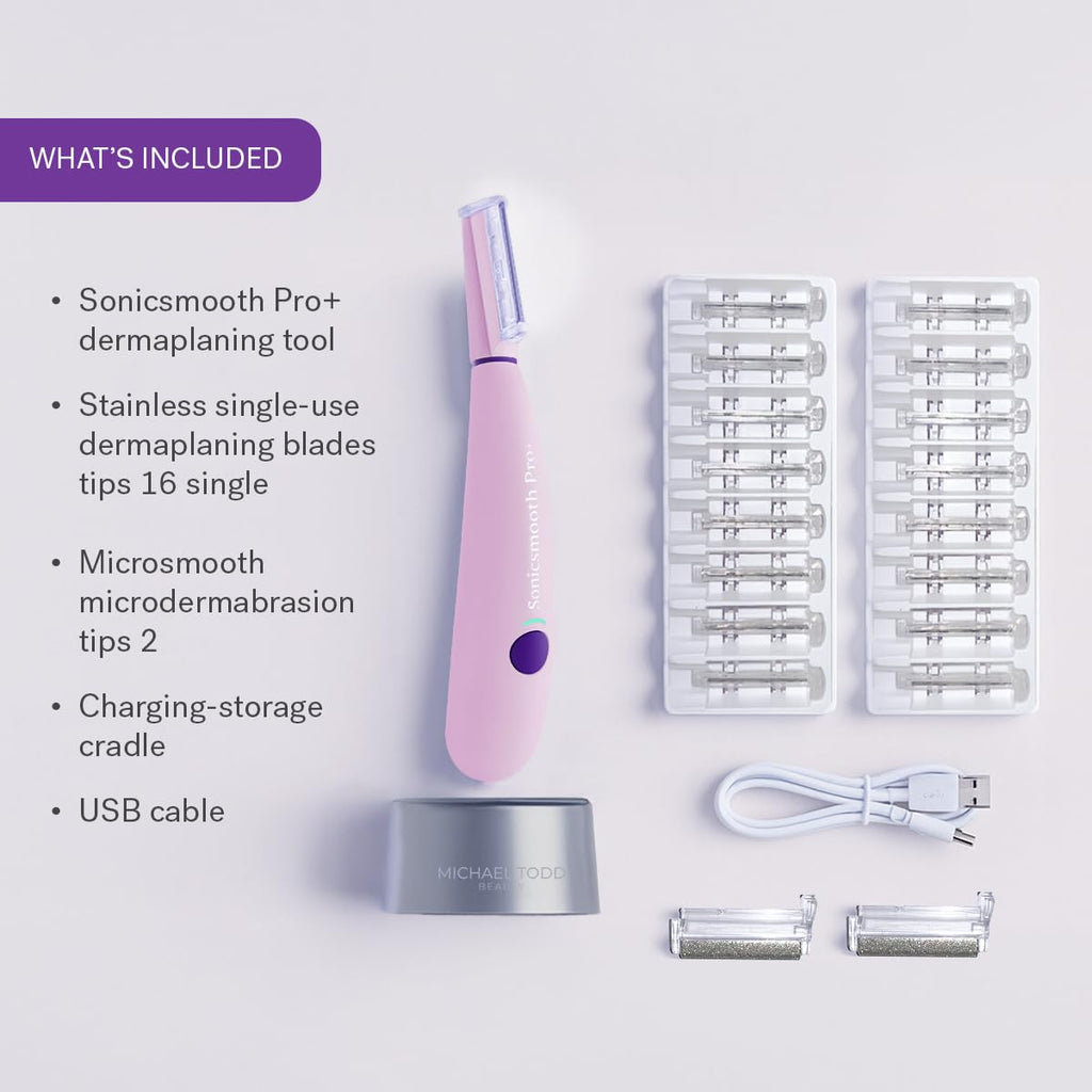 Michael Todd Beauty Sonicsmooth Pro+ Dermaplane Razor for Women Face + Eyebrow Trimmer Dermaplaning System w/LED Light Peach Fuzz Remover -16 Dermaplaning Blades & 2 Microsmooth Exfoliation Tips