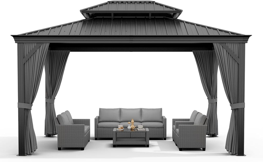 GarveeHome Outdoor Hardtop Gazebos 10 x 12 ft Permanent with High Strength Aluminum Frame, Double-Roof, Pavilion with Curtain and Netting for Patio, Lawn, Deck, Garden (Darkgrey, 10x12 ft)