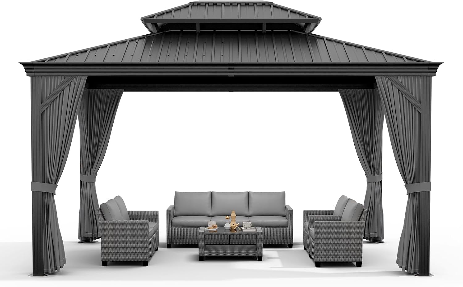 GarveeHome Outdoor Hardtop Gazebos 10 x 12 ft Permanent with High Strength Aluminum Frame, Double-Roof, Pavilion with Curtain and Netting for Patio, Lawn, Deck, Garden (Darkgrey, 10x12 ft)