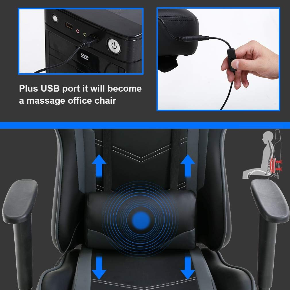 BestOffice Ergonomic Gaming Chair, Grey, Adjustable, Vibration, Faux Leather