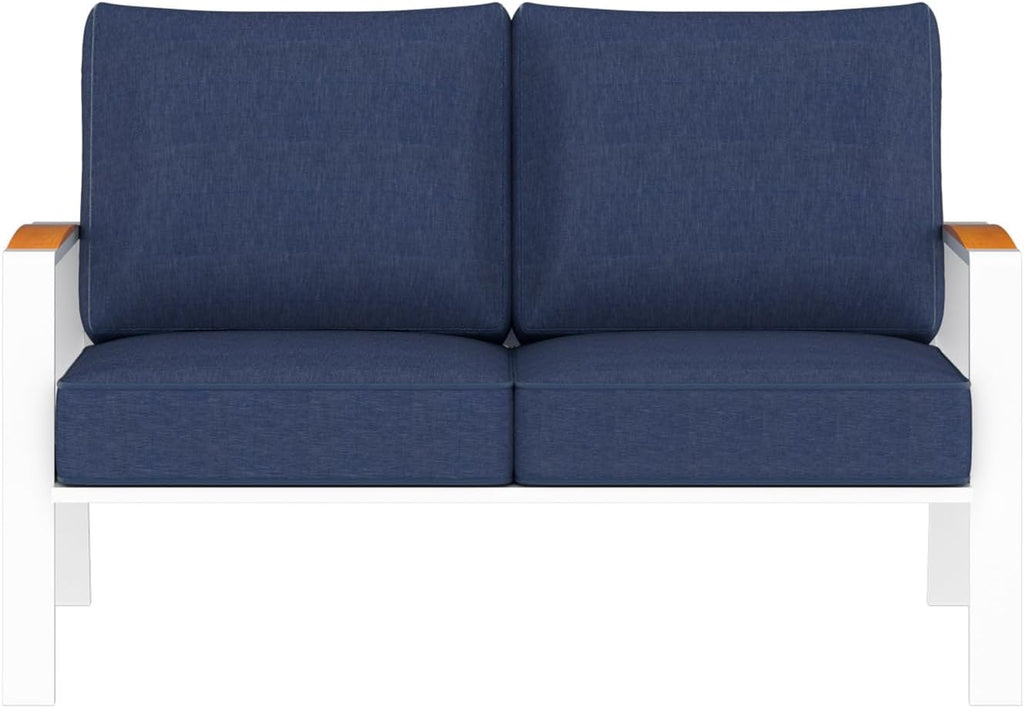 Outdoor Couch Aluminum Patio Furniture Set, All-Weather Metal Loveseat Sofa with Solid Teak Armrest and Thick Cushions, Blue