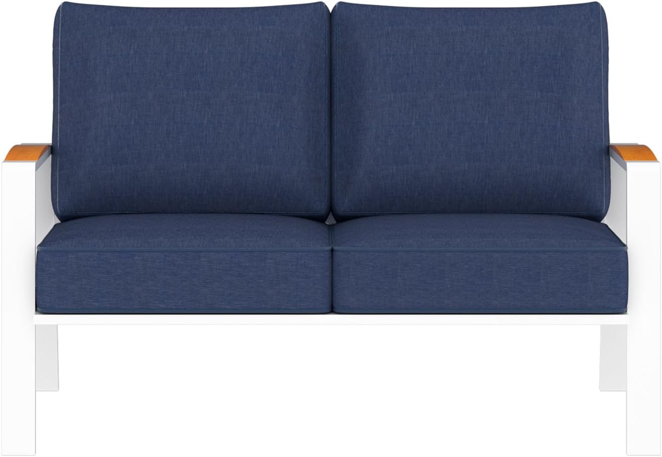 Outdoor Couch Aluminum Patio Furniture Set, All-Weather Metal Loveseat Sofa with Solid Teak Armrest and Thick Cushions, Blue
