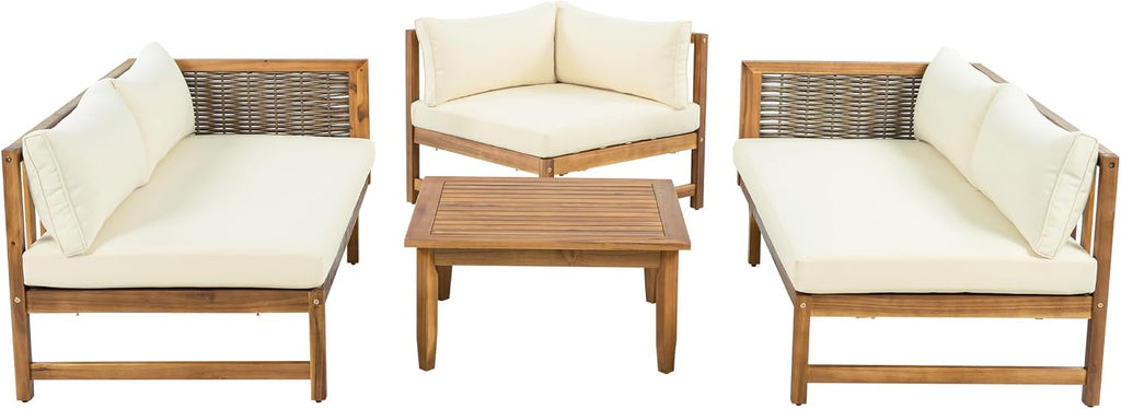Christopher Knight Home Tenntt 5-Seater Acacia Wood Patio Furniture Set, Outdoor Conversation Sofa Chat Set with Coffee Table, Wicker Arm, Sectional Seating Group for Backyard Balcony, Teak+Beige