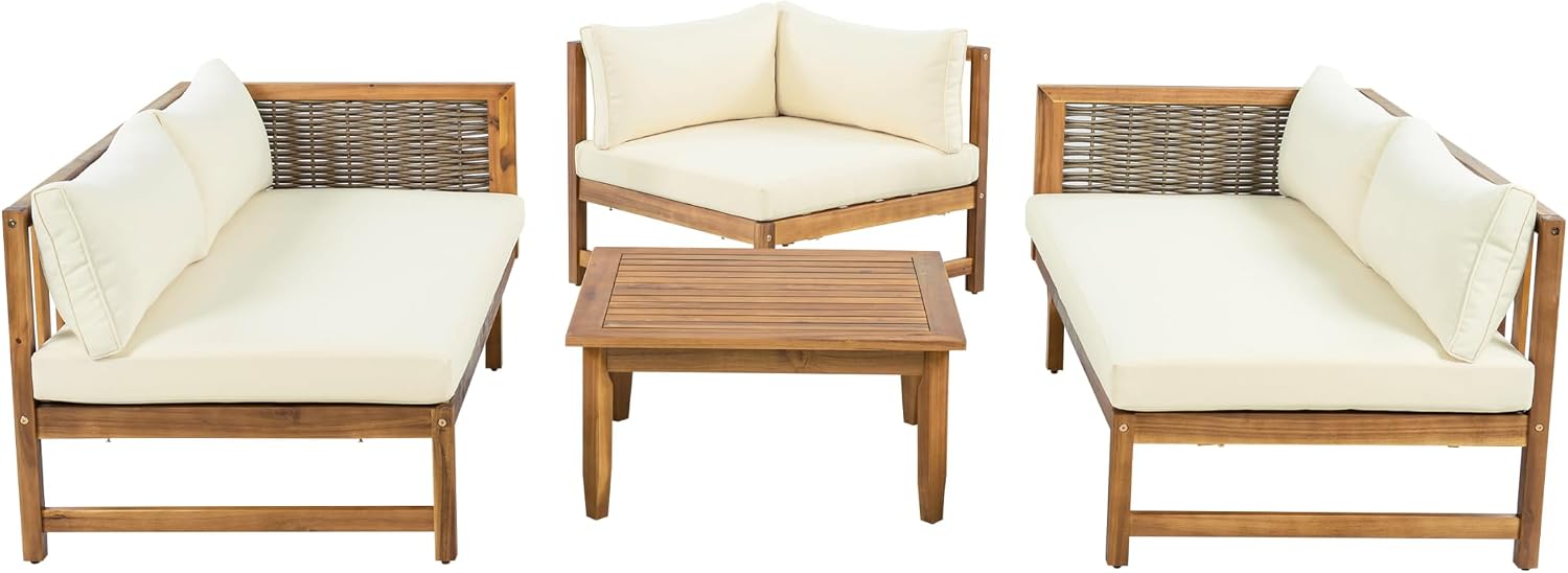 Christopher Knight Home Tenntt 5-Seater Acacia Wood Patio Furniture Set, Outdoor Conversation Sofa Chat Set with Coffee Table, Wicker Arm, Sectional Seating Group for Backyard Balcony, Teak+Beige