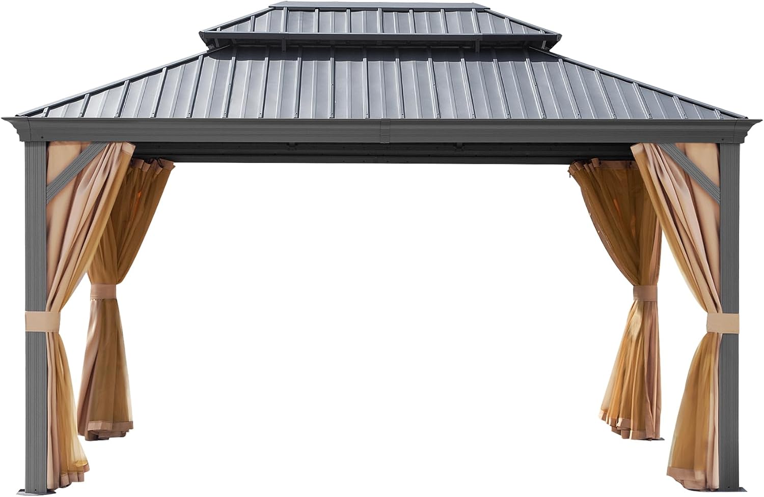 10' X 14' Hardtop Gazebo, Outdoor Galvanized Steel Double Roof Permanent Aluminum Frame Pavilion Pergola Canopy with Privacy Curtains for Garden, Patio, Backyard, Deck and Lawns