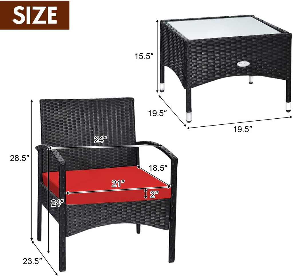 COSTWAY 3 PCS Patio Wicker Conversation Set, PE Rattan Sofa with Tempered Glass Coffee Table, 2 Chairs, 2 Cushions, Outdoor Patio Furniture Set for Yard Porch Bistro Balcony Backyard Pool, Red