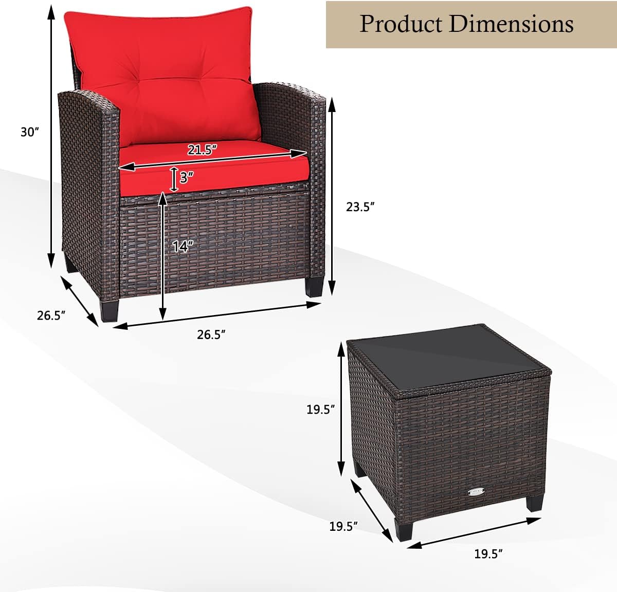 KOTEK 3 Piece Patio Furniture Set, Outdoor Conversation Set with Washable Cushions & Tempered Glass Tabletop, PE Rattan Wicker Bistro Set for Porch, Garden, Balcony (Red)