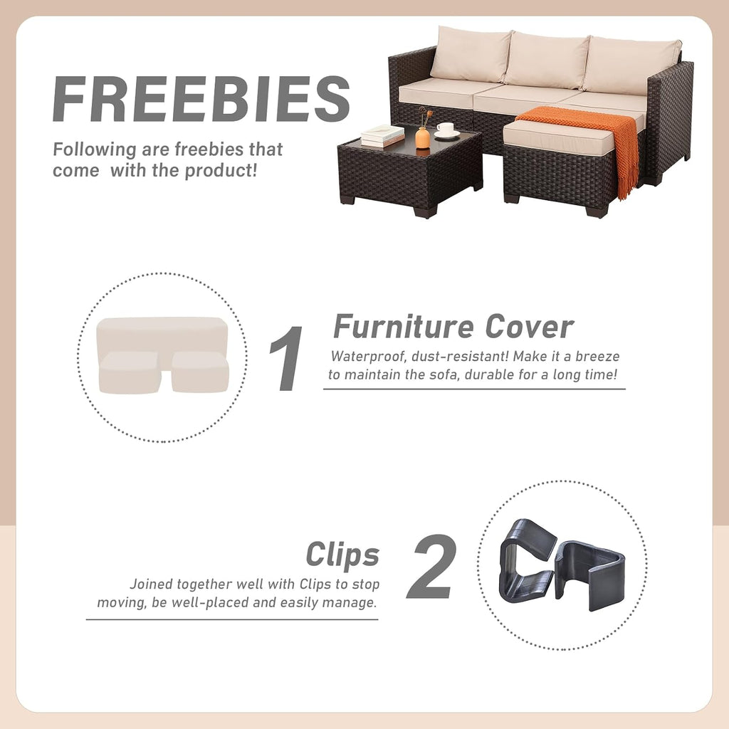 Rattan Star Patio Furniture Set 3 Piece Outdoor Sectional Sofa Set with Wicker Couch, Ottoman, Patio Table All-Weather Non-Slip Cushions and Waterproof Covers, Khaki