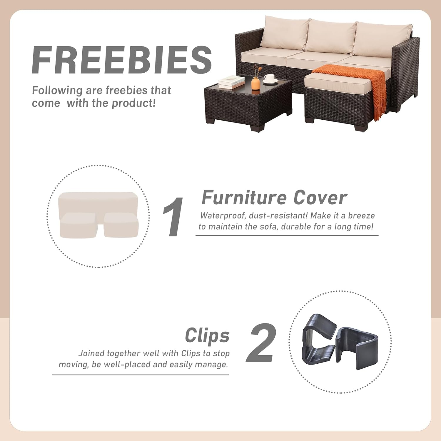 Rattan Star Patio Furniture Set 3 Piece Outdoor Sectional Sofa Set with Wicker Couch, Ottoman, Patio Table All-Weather Non-Slip Cushions and Waterproof Covers, Khaki