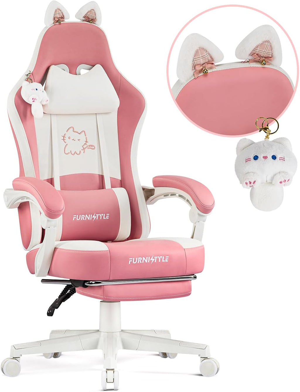 Gaming Chair, Pink Video Game Chairs for Adults with Cat Ears Pocket Spring Cushion Massage Lumbar Support & Headrest, Ringing Accessories Cute Leather Ergonomic Computer Chair for Girls, Pink/White