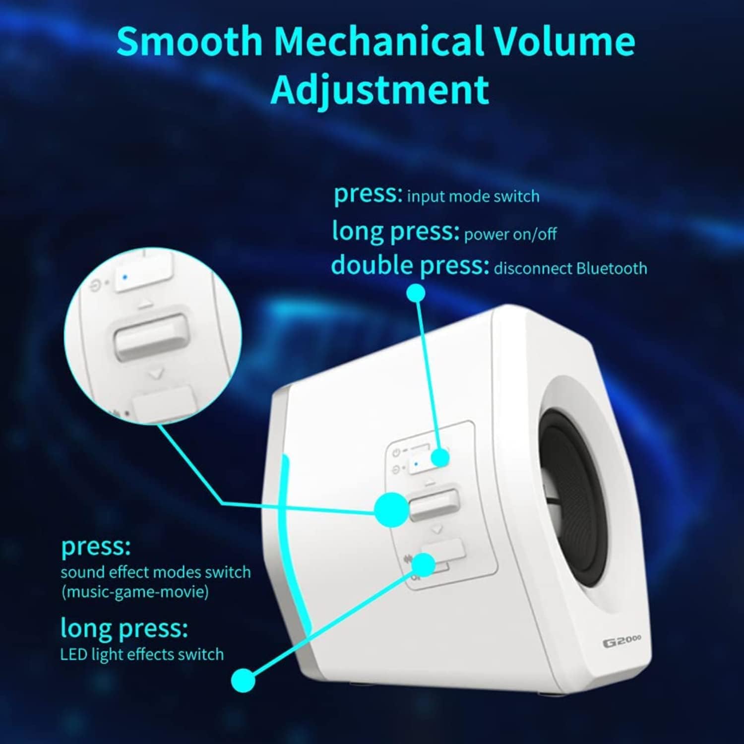 G2000 32W PC Computer Speakers for Gaming Desktop PC Laptop Mac Computer Woofer Speakers Bluetooth USB 3.5mm AUX Inputs RGB Lights Multimedia Speakers White