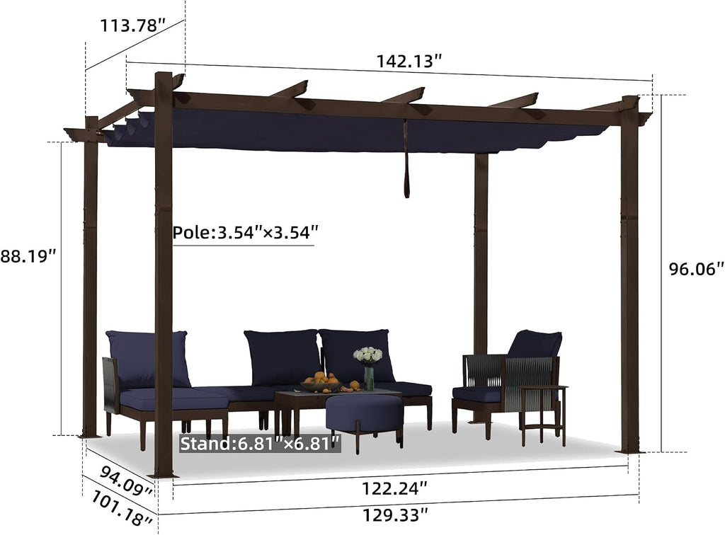 PURPLE LEAF Pergola 10' X 12' Outdoor Retractable Metal Patio Pergola with Shade Cover for Garden Yard Pavilion Grill for Beach Deck Gazebo, Navy Blue
