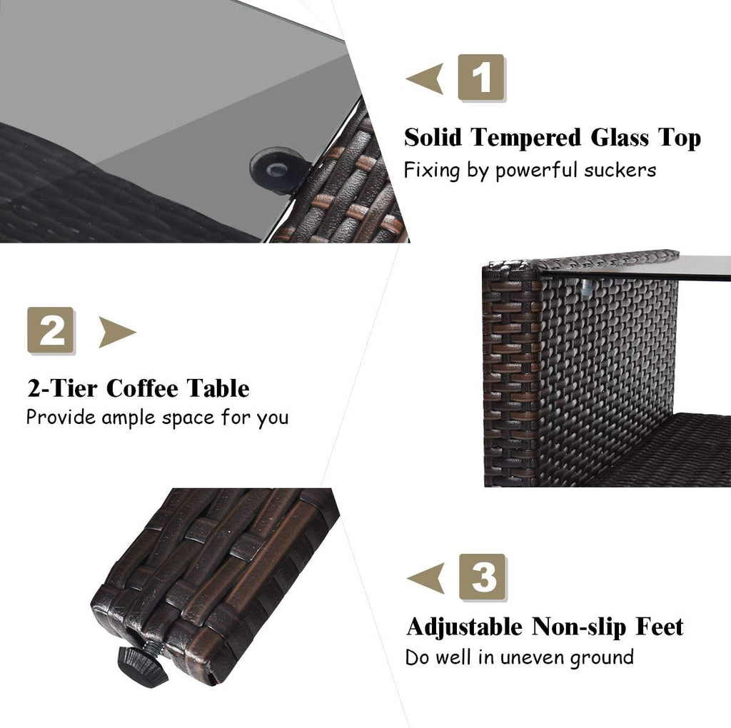 COSTWAY 4-Piece Patio Furniture Set, Sectional Wicker Rattan Sofa Chair with Cushion, Loveseat, Coffee Table with Tempered Glass and Shelf, Outdoor Conversation Sets for Poolside Porch (Brown)